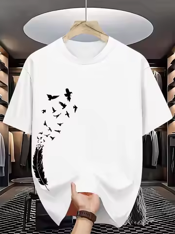 Men's 100% pure cotton summer casual loose fashion bird creative pattern printed round neck T-shirt 