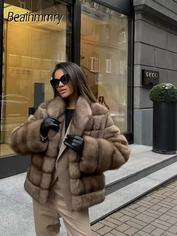 Patchwork Faux Fur Coat Women Fashion Casual Full Sleeve Lapel Loose Long Staple Plush Jacket 2025 N