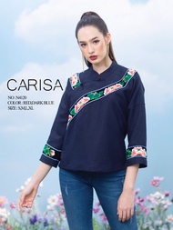 เสื้อคอจีน เสื้อผ้าผู้หญิง Carisa เสื้อจีน แขนสามส่วน ผ้าลินินผสมผ้าฝ้าย งานปักลายจีนแน่นๆ งานกระดุมป้ายข้างเก๋ๆ [4120]