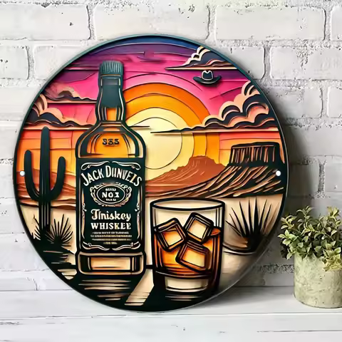 2D Flat - Vintage Whiskey Sunset Metal Wall Art - 19.99cm Round Aluminum Sign with Western Desert La