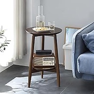 Solid Wood Round Side Table, Small Side End Table with 2 Tier Shelf, Mid Century Modern Accent Coffe