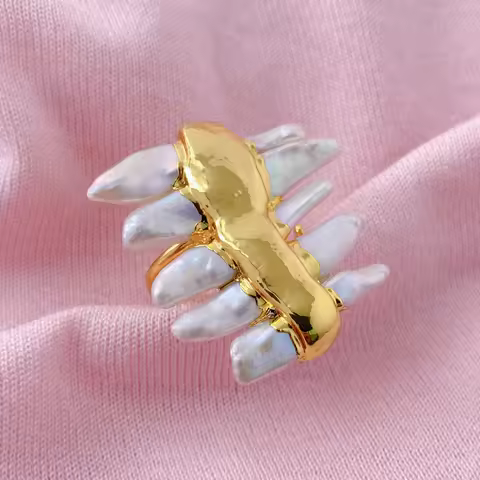 kkGEM natural White Biwa freshwater Pearl gold plated Finger Ring Adjustable