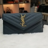 YSL 墨綠色金扣信封銀包