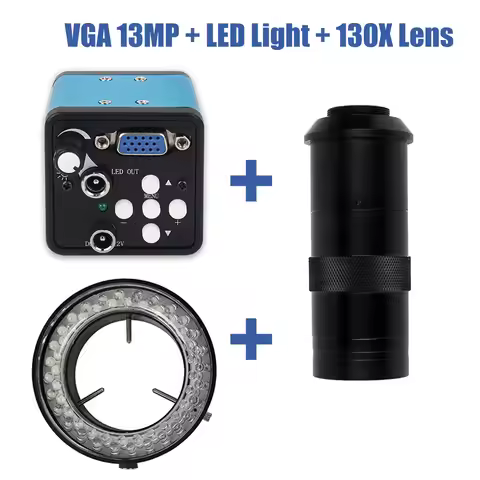 13MP VGA Video Microscope Camera 1080P + Zoom 1-130X C-mount Lens + Brightness Adjustable Light Big