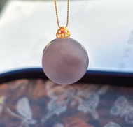 天然煙紫和田玉吊墜圓牌平安無事牌吊墜18K厚金鑲嵌女款寶寶款