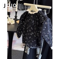 Girls Autumn Black Floral Puff Sleeve Top