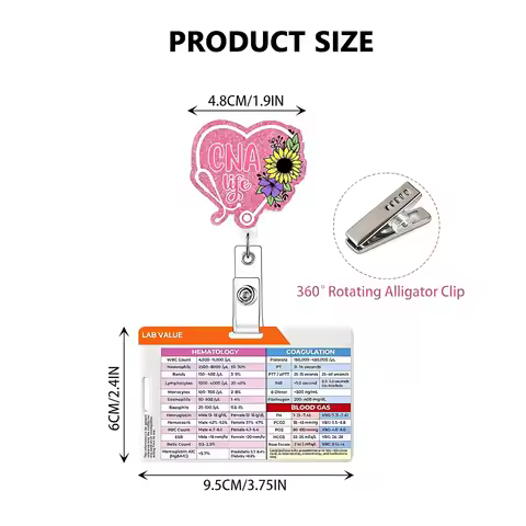 Glitter Acrylic Nurse Badge Reel with Lab Values Badge Holder Retractable ID Clip for RN LPN CNA Med