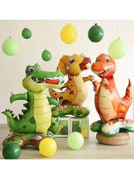 1套/3入恐龍裝飾鋁箔氣球架基座動物氣球森林派對T-Rex龍三角龍鱷魚氣球，適用於兒童生日晚會遊戲室裝飾