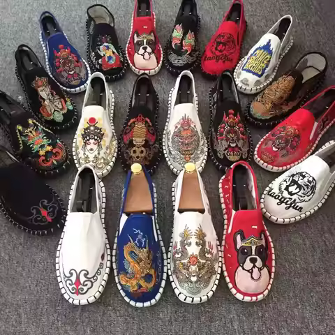 Old Beijing Cloth Shoes Embroidery Flower Social Guy Male Moccasin-Gommino Student Casual Shoes Fash