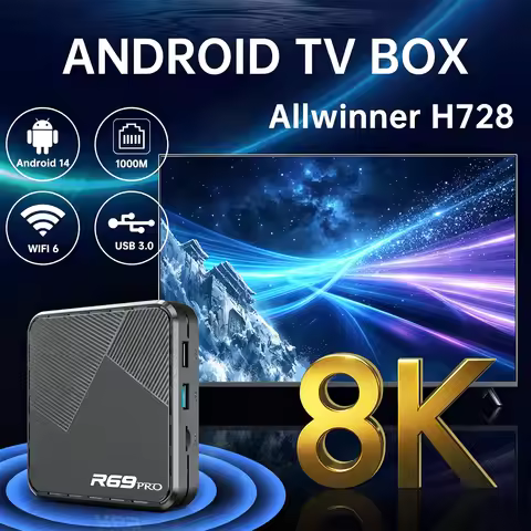 R69PLUS Android 14 Smart TV Box 8K Wifi 6 Allwinner H728 ARM Cortex A55 Ethernet 1000M 16/ 32/ 64GB 
