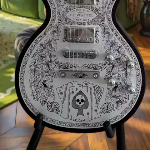 Skull Ace Engraved Metal Front Electric Guitar, Zema Vintage LP Style Guitar 1955 HH Humbuckers