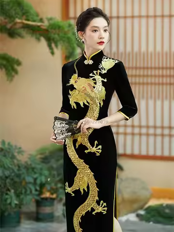 2026 chinese improved dress traditional qipao dress national dragon embroidery velvet qipao oriental