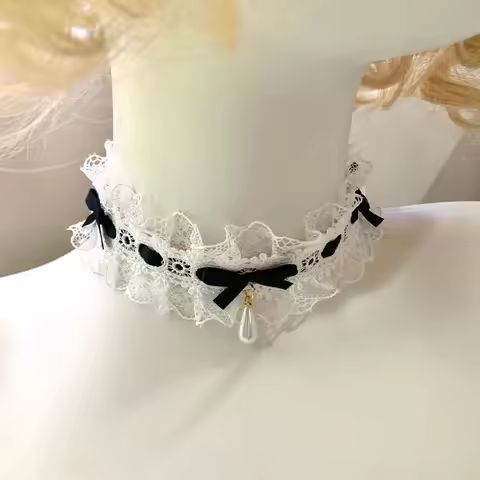 Ins Cloth Lolita Lace Bow Necklace Satin Ribbon Waterdrop Pendant Lace Necklace Bow Necklace Two-dim