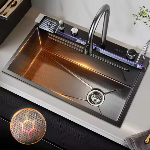 68x46cm Large Capacity Kitchen Sink Faucet Whale Waterfall Design Multifunctional Single Tank Home A