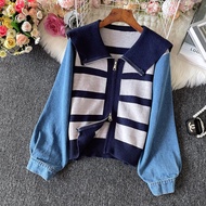 Naval ปกเสื้อ บุคลิกภาพ Splicing ปลอมสองชิ้น เสื้อสเวตเตอร์ถัก ฤดูใบไม้ร่วง เวอร์ชั่นเกาหลี Color Bl