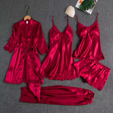 5PC Silk Robe Sleep Suit Womens Lace Satin Pajamas Gown Set V-Neck Cami Nighties Wear Pijama Home Ni