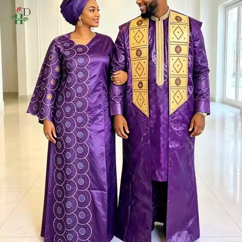 H&D Bazin Riche Embroidery Dresses on Clearance Sale African Clothing For Couple Matching Traditiona