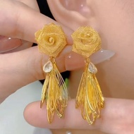Golden Rose Leaf Tassel Earrings Female Light Luxury Fashion Earrings Trendy High Sense Earrings 9.4