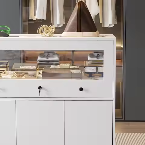 Wardrobe Armoire Closet with Lock, Walk-in Closet Island Dresser with Glass Showcase, Drawers & Door