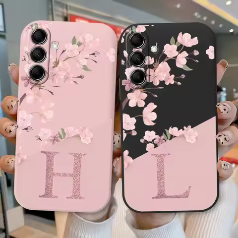 Initial Letter A Z Case For Samsung Galaxy A54 A55 A56 A06 Cover Pink Flowers Soft Silicone Back Fun