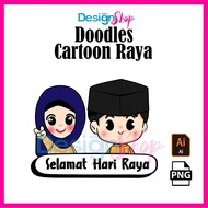 DESIGN ONLY. TEMPLATE  DOODLE CARTOON RAYA UNTUK SAMPUL RAYA