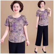 Zhu Xia ซูเซียใหม่เสื้อผ้ายายหญิงวัยกลางคนและผู้สูงอายุ50-60ปีชุดแขนสั้นผ้าชีฟองผ้าไหมน้ำแข็งเสื้อผ้