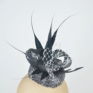 Pillbox Hat in Black &amp; Silver with Statement Feathers, Sinamay Twirls and VeiL