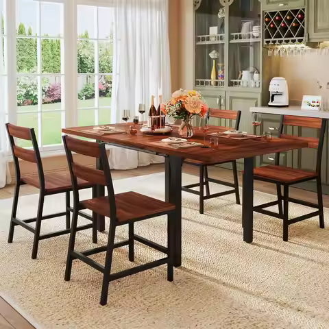 4 Seater Extendable Dining Table Set Curved Backrest Chairs Solid Metal Frame MDF Board Kitchen Smal