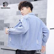 Pakaian Kerja Dipakai Jaket Denim Lelaki S Musim Musim Luruh dan Musim Luruh Lubang Longgar Versi Korea Slim Pemasangan Denim Jaket Lelaki㏇L0318