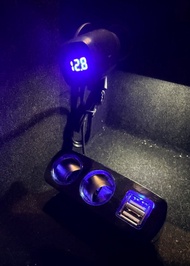 12V 一開二 車充 車用一拖二點煙器 雙USB插口 電壓顯示