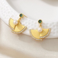 Natural Freshwater Pure Silver Simple Empty Mount Pearl Versatile s925Fan Sweet Temperament Earrings