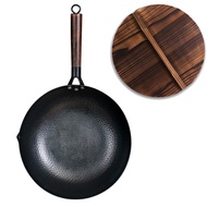 Fypo 32cm Pure Cast Iron Wok with Wood Lid Handle Chinese Traditional Handmade Frying Wok Non-stick Uncoated Pan Cooking Pot Gas Induction Stove Kitchen Cookware