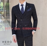 Bộ Vest Nam Cao Cấp 6 cúc màu kẻ caro đen Bộ Suit Nam Hàn Quốc Kẻ Caro