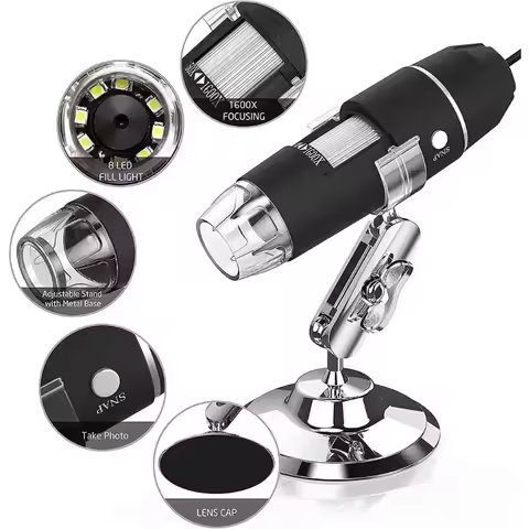USB Digital Microscope 50X to 1600X, 8 LED Magnification Endoscope Camera with Metal Stand, With USB