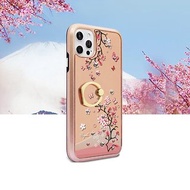 iPhone 12 全系列水晶彩鑽全包鏡面指環扣雙料手機殼-日本櫻