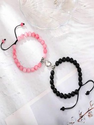 2 Piezas Pulseras Magnéticas Para Parejas, Para Mujer Y Hombre, Con Corazones Románticos A Juego, Pulseras De Yoga De Cuentas De Piedra Natural, Joyería De Regalo De San Valentín