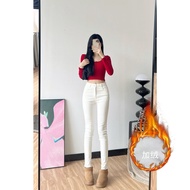 Warm Jeans White Fleece-Fleece-Fleece American High-Waisted Tall Guys Long Legs Pencil Pants Brushed
