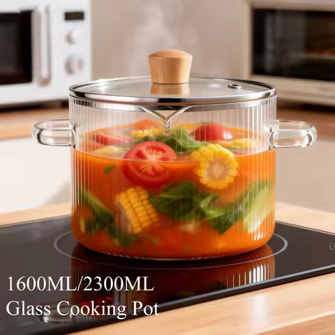 1600ML/2300ML Glass Cooking Pot Transparent Borosilicate Glass Simmer Pot with Lid Multifunctional S