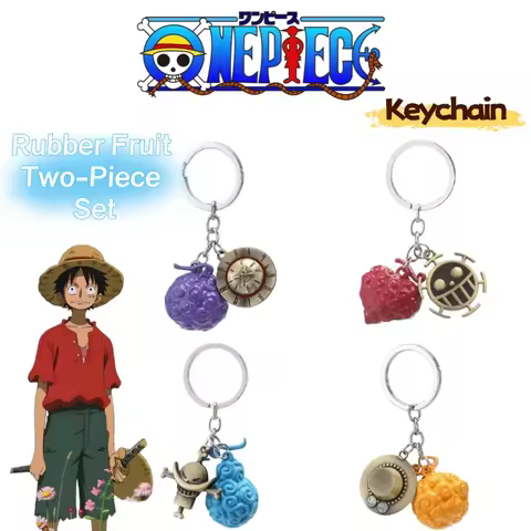 One Piece cartoon anime Devil Fruit keychain, Ace's Flame-Flame Fruit and Luffy's Gum-Gum Fruit two-