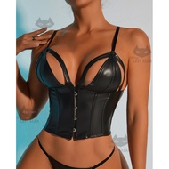 CATeye03130 LadyGlam Gorgeous Elegant Corset, Leather Hollow Cup Shaping Bodice with Shoulder Straps