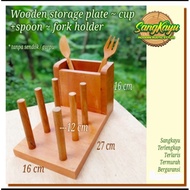 Wooden plate holder, cup, spoon, fork, storage plate cup, holde