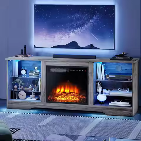 Fireplace TV Stand for up to 65 Inches TVs, LED Modern Entertainment Center with Built-in Electric F