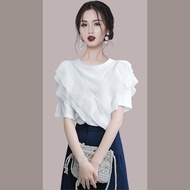 Irregular Ruffled Half-Sleeved T-Shirt Women's 2022 Trendy Korean Version Round Neck Lace Trim White Top Clothes Women T3PZ