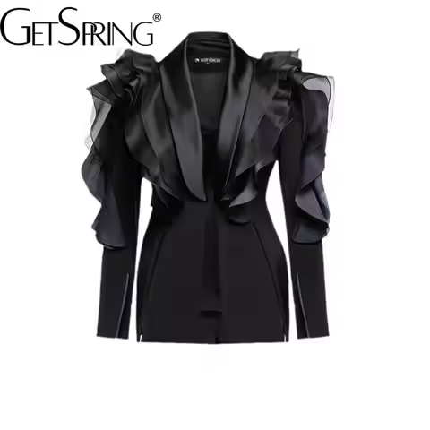 gestring Women Blazer 2025 Three Dimensional Ruffled Stitching Long Sleeve Ladies Black Blazer Coat 