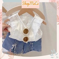 Set of white lace turtleneck top CS144 and bow tie jean shorts for girls