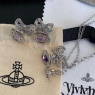全新 Vivienne Westwood 蛋白石紫ORB飛碟蝴蝶結土星星球耳環 項鍊套裝