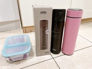 Thermos  膳魔師不鏽鋼真空保溫瓶⋯⋯ （超輕量190公克）  +粉紅色保溫瓶 +美心耐熱玻璃保鮮盒