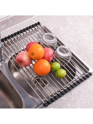1只可折疊滾動式水槽碗碟瀝水架不銹鋼水槽瀝水架適用於各種廚臺尺寸