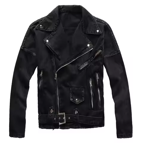 Sokotoo Men's Zippers Black Biker Jean Jacket Streetwear Thick Denim Slim Coat with Belt High Qualit