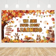 MEHOFOND 6x3.6ft Fall in Love with Learning Backdrop, Autumn Thanksgiving Pumpkin Maple Leaves Tree 